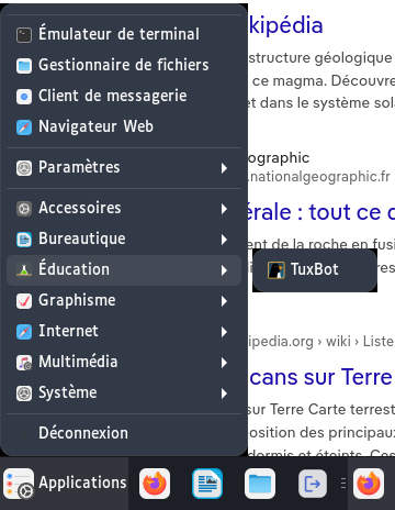 Menu Applications ouvert sur le sous-menu Éducation, qui contient TuxBot