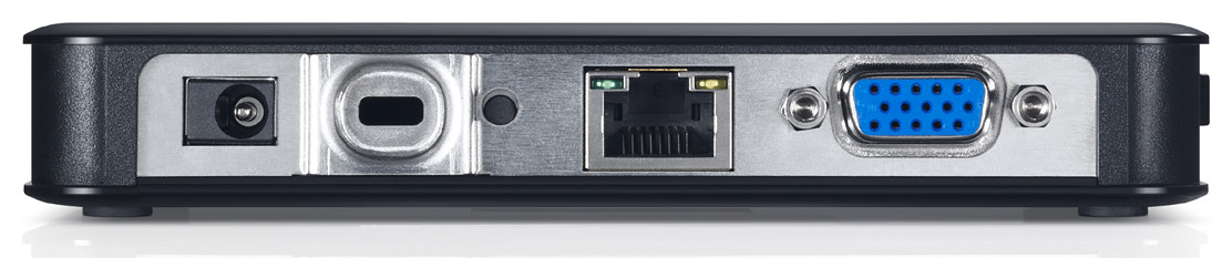 Face arrière : alimentation, fente antivol, bouton reset, prise réseau, prise VGA